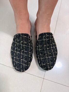 Black Tweed Slide Mules with Metallic Thread